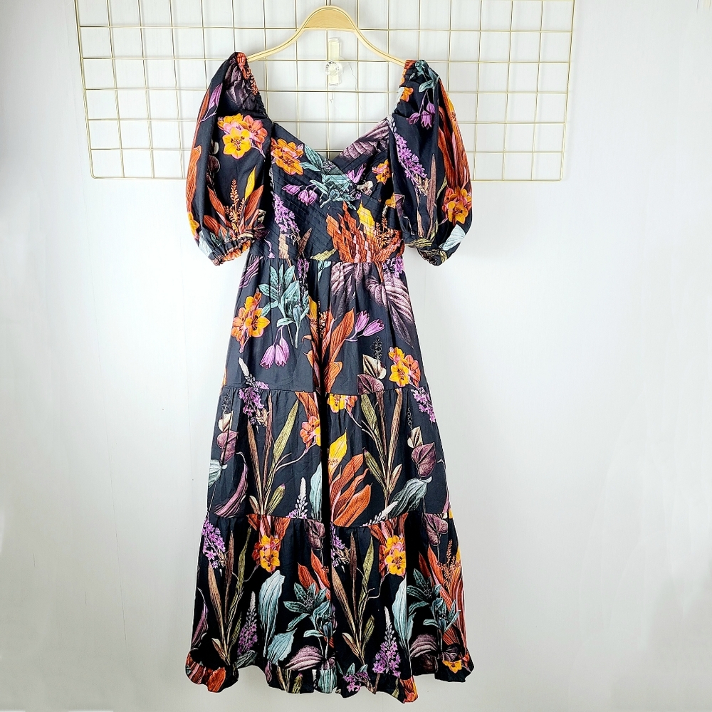 Atelier 17.56 Concordia Navy Orange Tropical Garden Party Floral Midi Dress